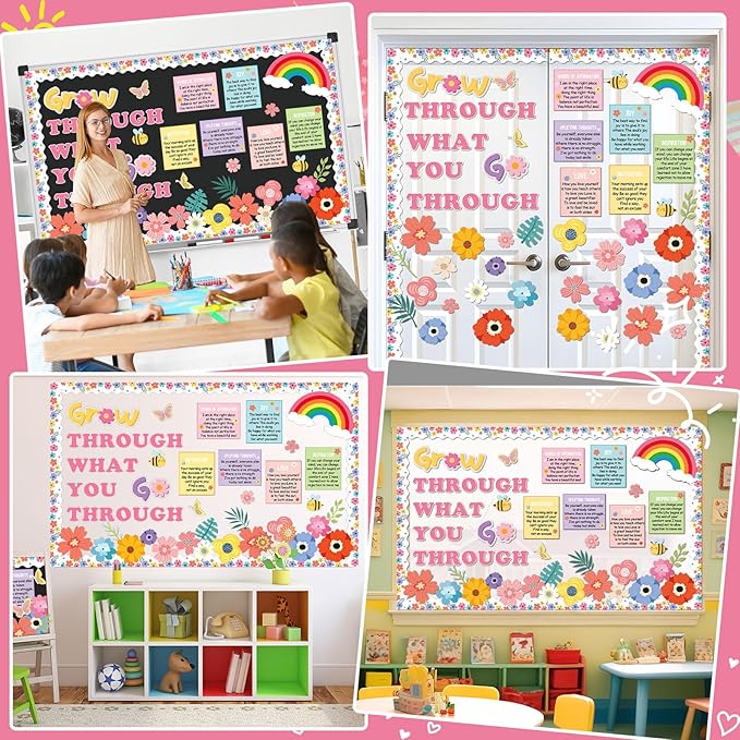 Spring Bulletin Board Decorations Positive Flower Bee Butterfly Paper Cutouts Motivational Grow Through What You Go Through Bulletin Board Set for School Classroom Chalkboard Wall Decoration Favor