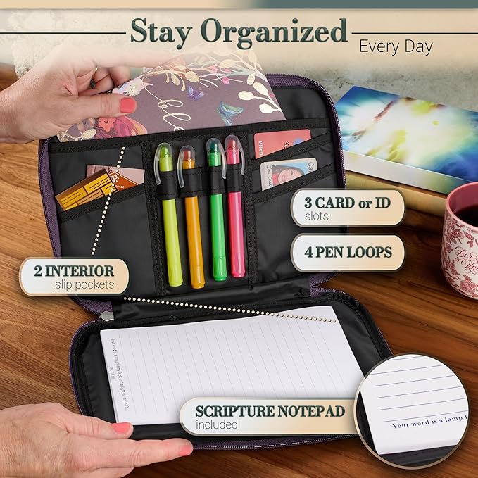 Christian Art Gifts Inspirational Vegan Leather Two-fold Organizer Bible Cover for Women, Jesus Fish Badge, Sturdy Carry Handle, Pen Loops, Pockets, Pen/Highlighter Combo & Notepad, Purple, XL