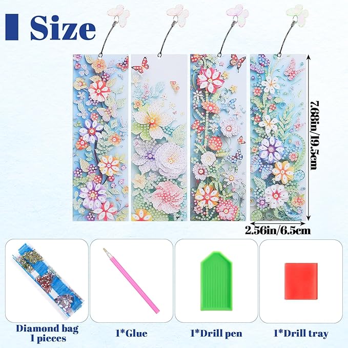 4Pcs Bookmarks Diamond Book Mark Kit Diamond Art Accessories Paint by Dots Bookmarkers Craft DIY Gem with Rhinestone Tassel Paint by Diamonds for Women Graduation Birthday Reader