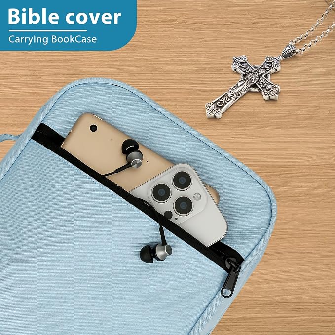 GERMUN Bible Cover with Durable Handle, Carrying Book Case Church Bag Bible, Protective with Zippered Pocket, Bible Study Accessories Supplies, Book Protector for Book Lovers, BlueBlack