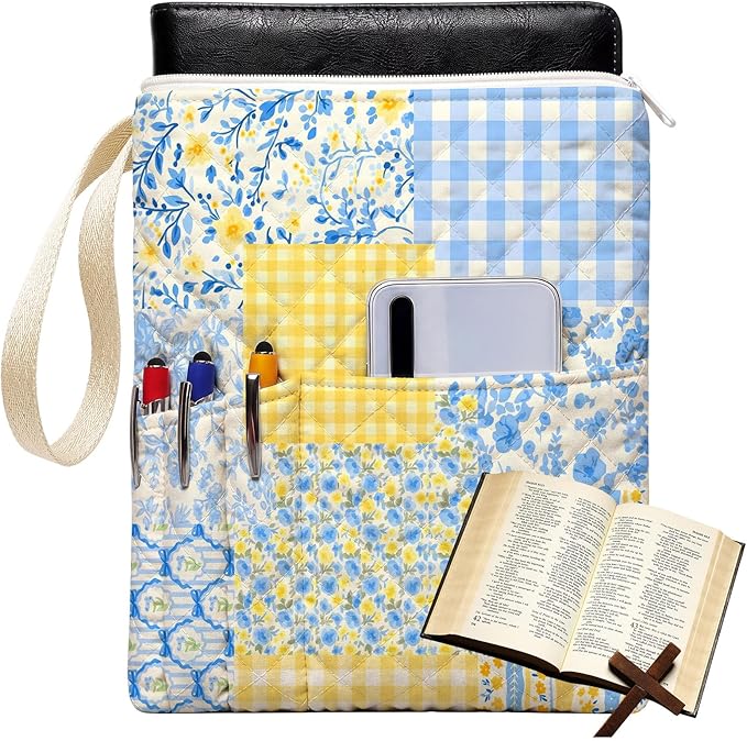 Gilprop Blue Yellow Spliced Bible Book Sleeve with Zipper 11" x 9" Padded Protector Washable Quilted Book Covers Printed Bible Pouch with Handle Pockets Protector for Books Lover Christian Gifts