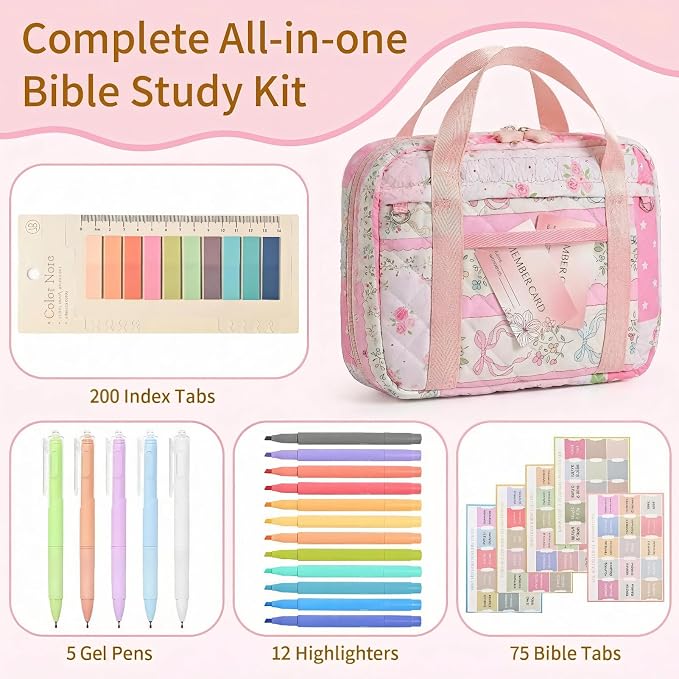 Quilted Bible Cover for Women, Zippered Bible Case with Handle, Bible Organizer Bag w/Multiple Pockets & Pen Slots Lightweight Bible Tote Bag for Church Study, Gifts for Women (Spliced Flower, Pink)