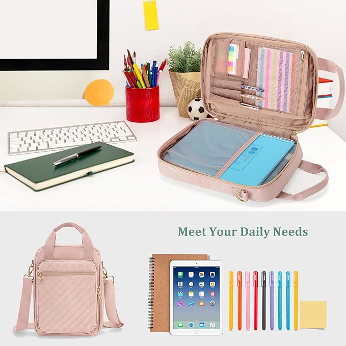 Teamoy Journal Supplies Storage Case, Journal Supplies Holder with Pen Slots, Travel Organizer Holder for B5 Notebooks, Planner, Pens, Journal Supplies and Accessories, Pink Quilted