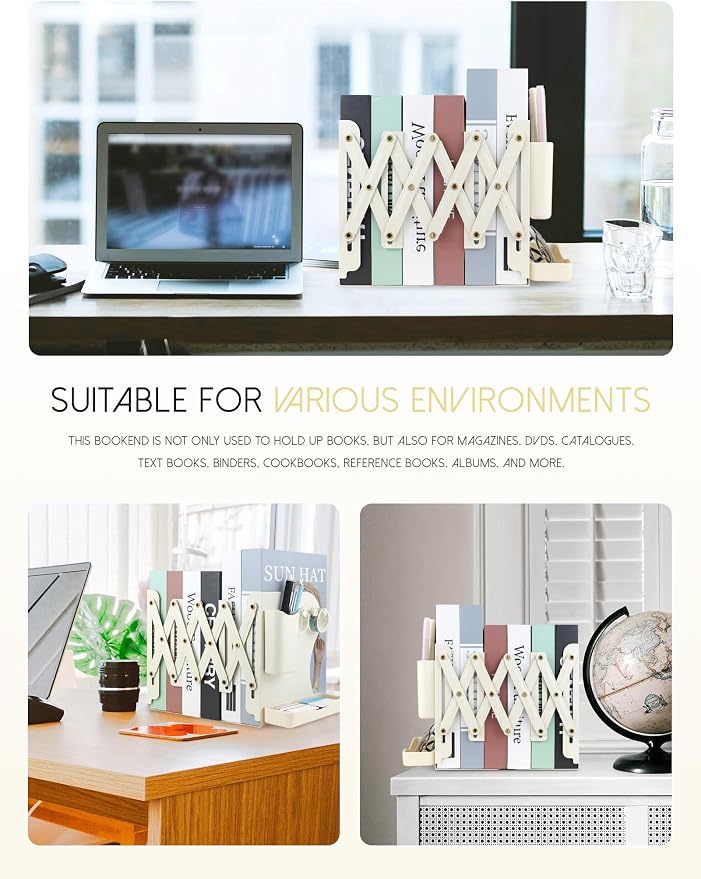 Heavy Duty Bookends Adjustable Book End, Desk Book Holder for Shelves, Book Organizer for Desk, Suitable for Office Home School (19.69 inches Max) (White)