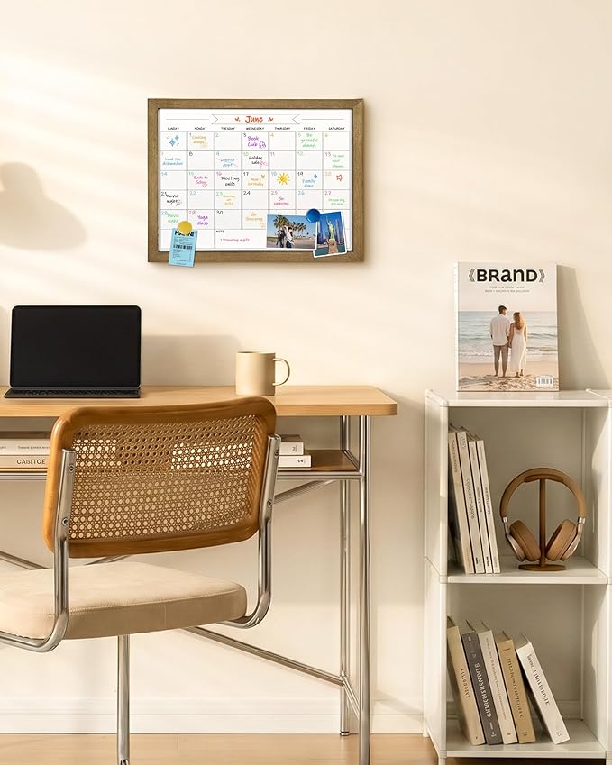 Dry Erase Monthly Calendar Whiteboard, Magnetic Surface White Board for Wall, Office/School/Home, Solid Pine Wood Rustic Brwon Frame Hanging Board & Planning Board, 13"x 17" (YL-RB-3343-B)
