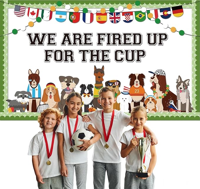 World Soccer Pet Dog Bulletin Board Set Puppy Classroom Decoration World Soccer Cup Cute Dog Bulletin Board Team Spirit Sport Cutouts for School Home Classroom Nursery Chalkboard Wall Decor
