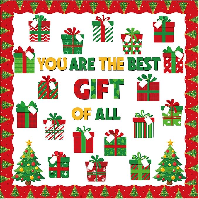 86 Pcs Christmas Bulletin Board with Christmas Tree Borders Christmas Xmas Gift Boxes Cutouts Winter Holiday Classroom Bulletin Board for Classroom Decoration School Home Holiday Party