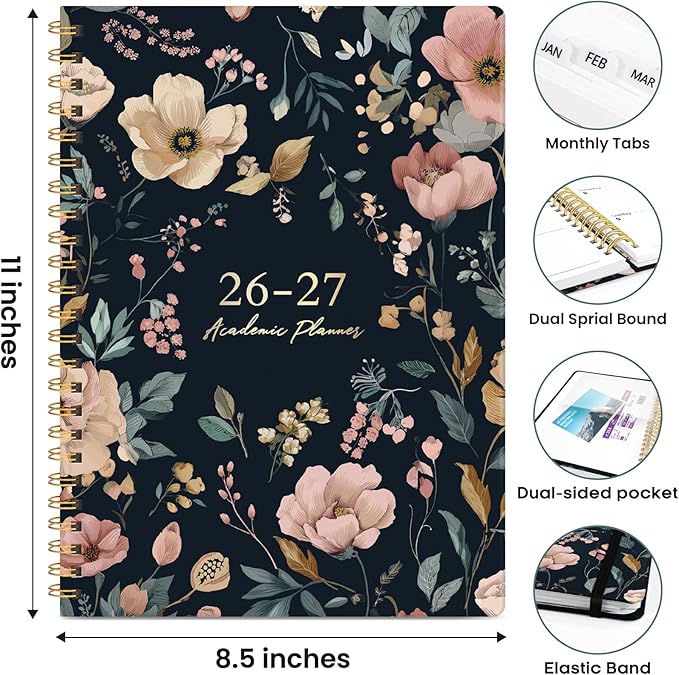 Academic Planner 2026-2027, Weekly and Monthly Calendar Book, July 2026 – June 2027, Hardcover Planner with Tabs, Perfect for Teachers, Students, Women & Men, A4 (8.5" x 11") - Evening Petals