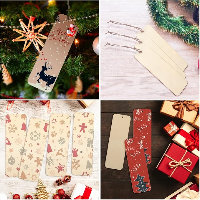 100 Sets 6 x 2 Inch Large Size Wooden Bookmarks with Hole and Ropes, Unfinished Wood Bookmark Blanks Rectangle Blank Bookmark for DIY Crafts, Painting, Wedding, Birthday Party Decors