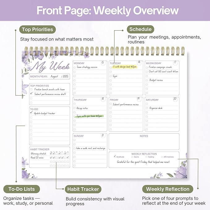 Weekly Planner Notepad 8.5x11 Inches – 52 Weeks Undated Dashboard Desk Pad for To-Do List, Schedule & Notes – Productivity Planner for Work, School, Home & Busy Professionals (Lavender Purple)