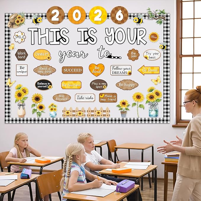 Eaasty Sunflower This is Your Year to Bulletin Board Set Flower Fence Bee Cutouts Motivational Welcome Back to School Classroom Decor for School Office Chalkboard Door Wall Decor Supply