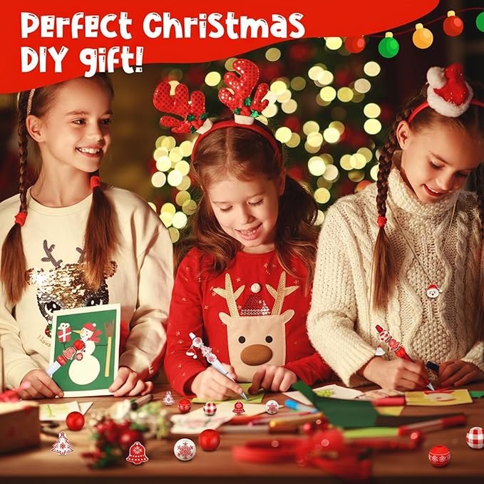 Zhanmai 20 Pcs Christmas Beadable Pens bulk with 100 Assorted Wooden Beads 20 Metal Pendants 40 Spacer Beads 25 Lobster Clasp Plastic Classic red Bead Pens for Student School Office DIY Making Gift