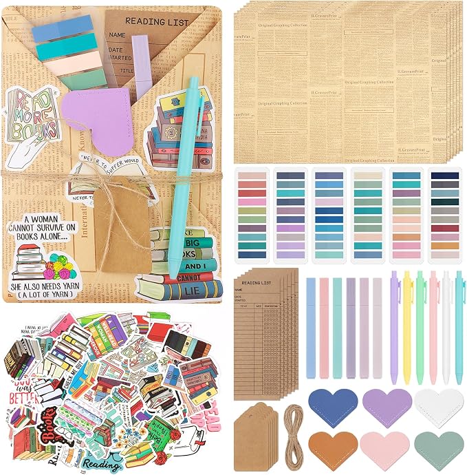 6 Set Blind Date with a Book Supplies, DIY Book Lovers Gifts Including Kraft Paper Index Tabs Reading List Bookmark Heart-Shape Bookmark Kraft Tags Ballpoint Pens Highlighters and 50 x Book Stickers