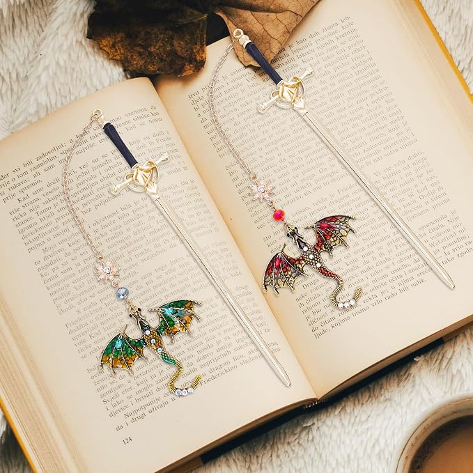 Dragon Sword Metal Bookmarks - 2 PCs Fantasy Book Marks Gifts for Reading Cool Red Green Page Makers Merch for Men Boys Kids Novel Fans Lovers Readers Bookish Birthday School Accessories