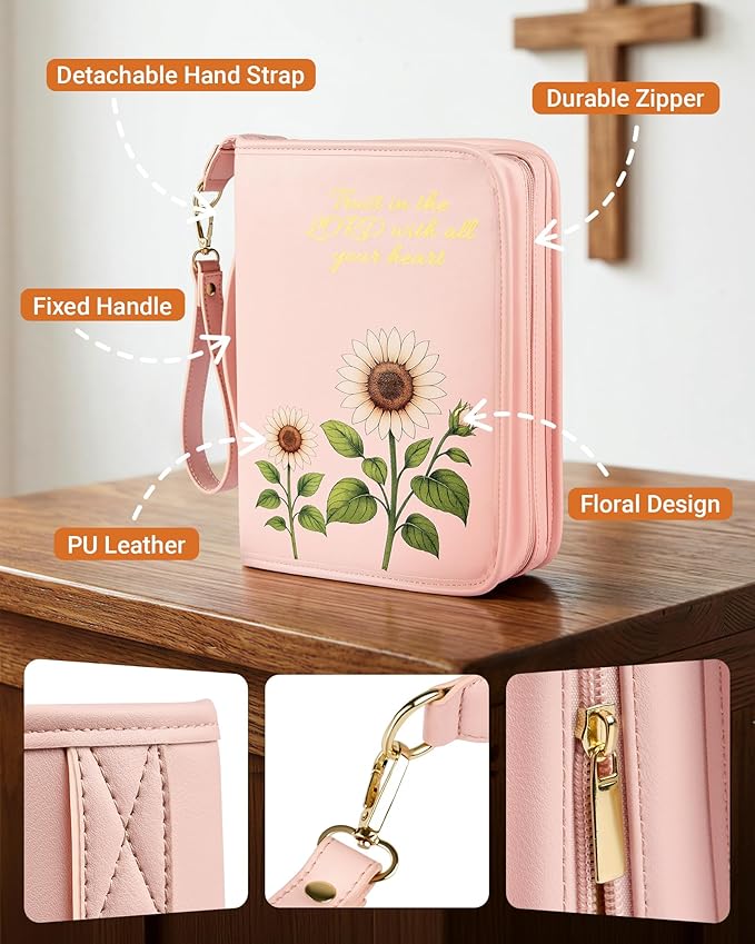Bible Cover Case for Women, Large PU Leather Bible Bag with Multiple Pockets, Reinforced Handle and Wrist Strap, Zippered Organizer for Bible Study and Church, Gift for Her, Pink