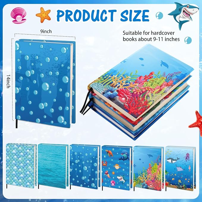 Gilprop 6 Pack Jumbo Stretchable Book Covers, Colorful Covers for Textbook Protection and Care, Washable Reusable Protective for Paperbacks Hardcover Books(Ocean,Blue,9-11inch)