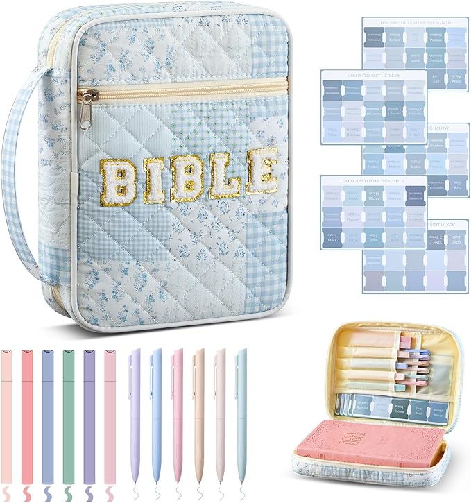 Sinload Quilted Bible Cover Case for Women Large Carrying Bag with Organizer Tabs 6 Colored Pens 6 Highlighters Book Tote Bags with Handle Bible Carry Supplies Christian Gifts(Blue Patch)