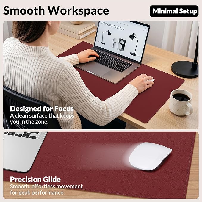 AFIING Leather Desk Pad Protector, 23.6" x 13.7", Red | Large Mouse Pad, Dual-Sided PU Leather & Natural Cork, Non-Slip, Waterproof, For Office and Home