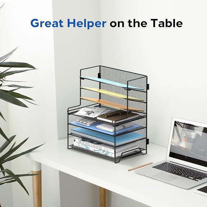 SUPEASY 7 Tier Desk File Organizer, Mesh Letter Tray Paper Organizer with File Holders, Metal Desktop Organizers and Accessories for Home Office Supplies, Black