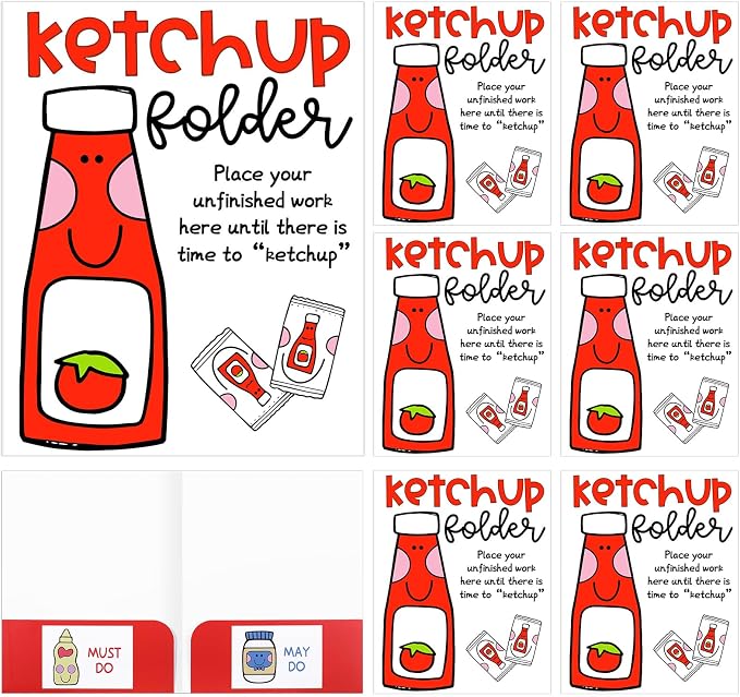 MotiMind 6 Pcs Ketchup Folders with Pockets 11.5 x 9.5 inches Cute Coated Paper 2 Pocket Folders for School Office Business Home