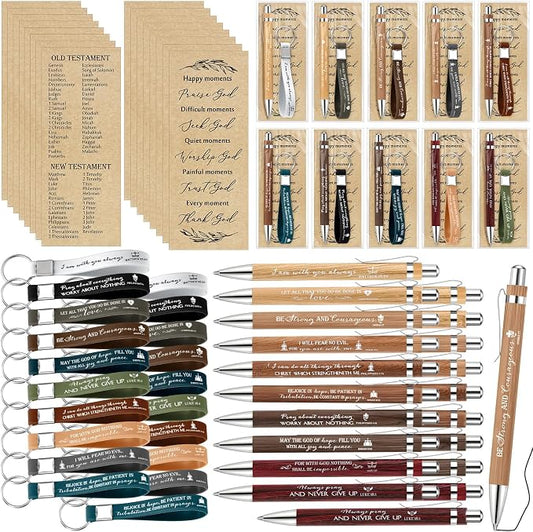 Gueevin 20 Sets Father's Day Christian Church Gift Bulk Bible Verse Bamboo Pens Religious Bookmarks and Scripture Silicone Keychains, Father's Day Thank You Gifts for Men