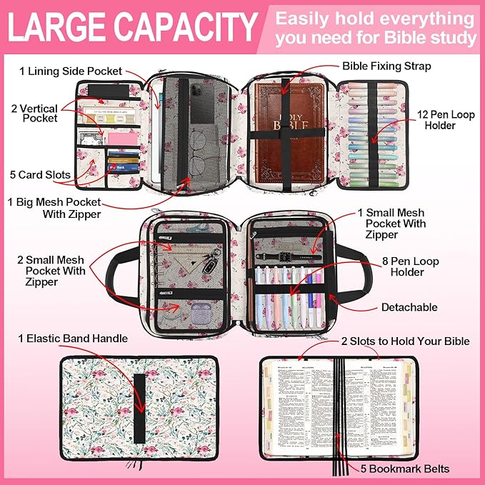 Pink Floral Bible Cover Case for Women, Cute Flower Large Bible Bag Book Carrying Bag with Strap Handle Zipper Pockets, Pens and Highlighters Cross Clips for Bible Study & Church