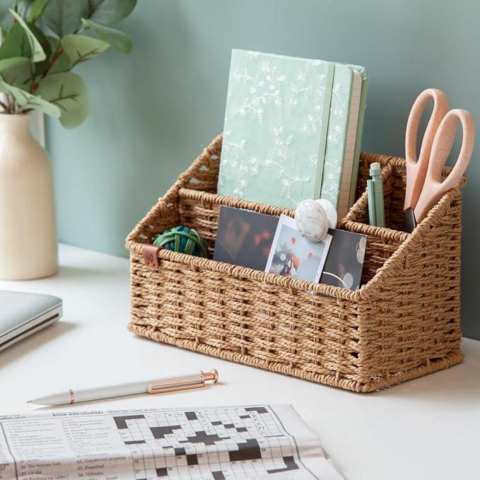 U Brands Woven All-in-1 Desk Organizer, Rattan-Inspired Wicker Style Office Organization Supplies, 1 Count, Brown