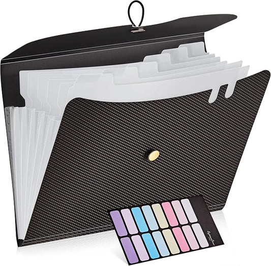 JARLINK 7 Pockets Expanding File Folder, A4 Size Accordion File Folders with 12 Labels, Cute Paper Organizer, Portable Document Organizer for Home College School Office Supplies, Black