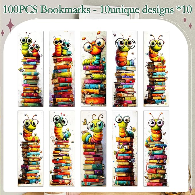 Wxiben Cute Bookworm Bookmarks Gifts - 100 Pcs Funny Insect Paper Bookmarks Double Sided Worms Book Markers Page Clip Gift for Women Men Teachers Office Book Lovers Reading Bookish Supplies