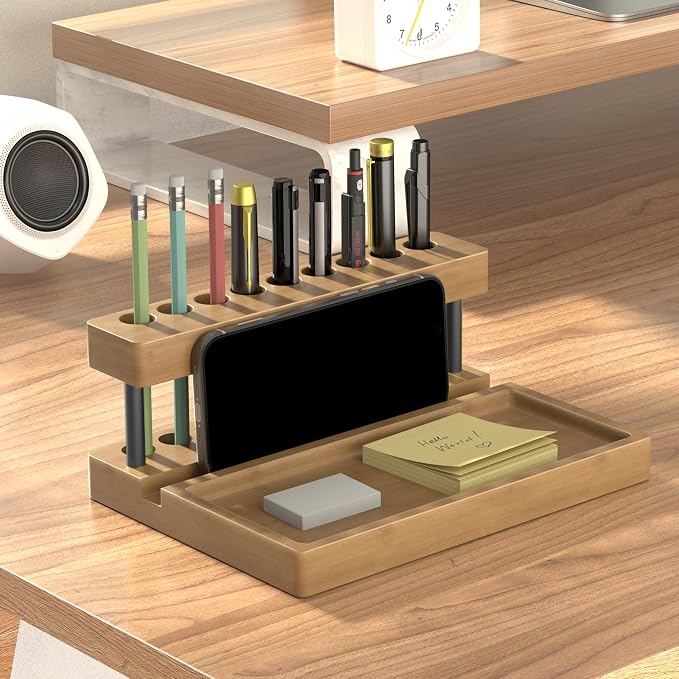 Wooden Holder for Office Desk, Solid Wood Pen Display Stand With 9 Slots and Cell Phone Holder, Aesthetic Pen Organizer for Minimalist Office Desk Decor (Tray+Black)