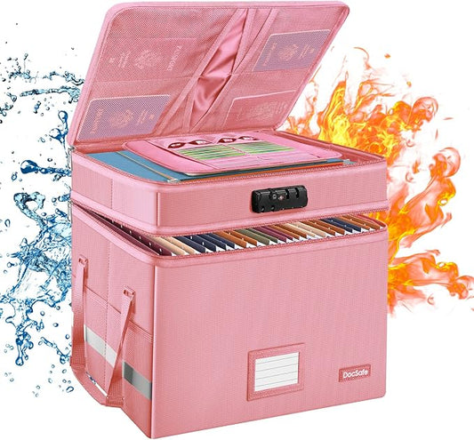 DocSafe File Box with Lock,Multi-Layer Fireproof Document Box Collapsible File Storage Organizer with Pockets/Handle,Large Portable Home Office Filing Safe for Hanging Letter/Legal Size Folders,Pink