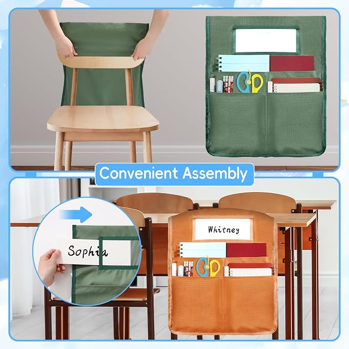 gisgfim 12 Pcs Chair Pockets for Classroom 16.7 x 19.3 Inch s with Name Tag Chairback 3 Pockets Chairs Seat Back Organizer for Elementary School Daycare Home Supply (Maillard)