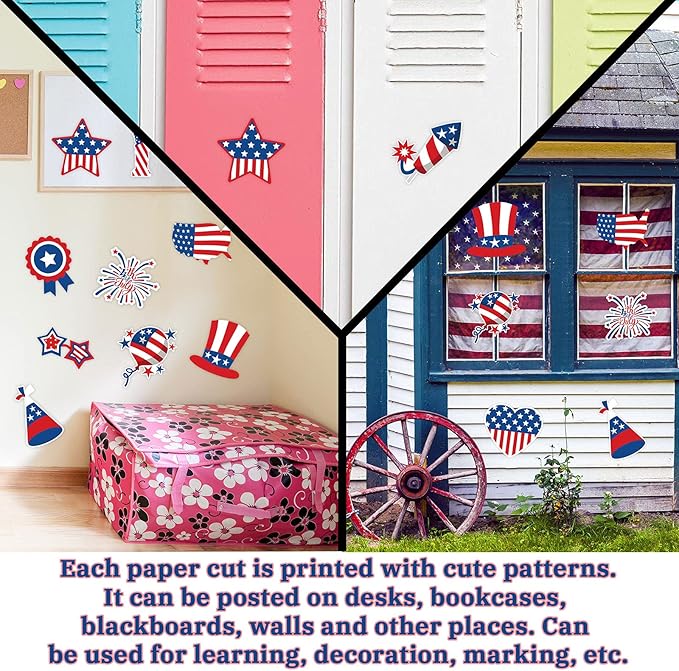 Whaline 48Pcs 4th of July Cut-Outs Patriotic American Flag Cut Outs with 100pcs Glue Points Cartoon Stars Stripes Heart Firework Paper Cut-Outs for Independence Day Classroom Bulletin Board Decor