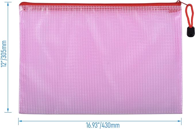 6 Pcs 16.93" x 12.01" A3 Sizes Mesh Zipper Pouch Bags, Mesh Bags with Zipper，Waterproof Clear document pouch for Organization Puzzles Travel, Office, Classroom Organization, A3 Red