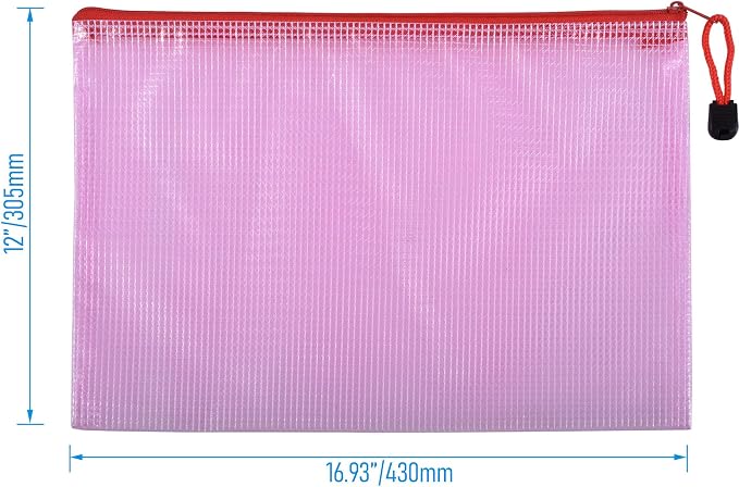 6 Pcs 16.93" x 12.01" A3 Sizes Mesh Zipper Pouch Bags, Mesh Bags with Zipper，Waterproof Clear document pouch for Organization Puzzles Travel, Office, Classroom Organization, A3 Red