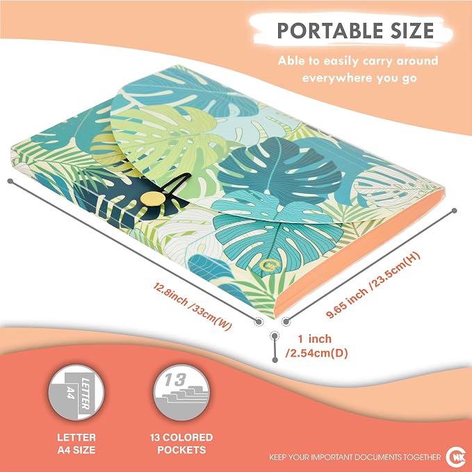 CNK File Folders Organizer with 13 Pockets Accordion Expanding Folder Documents Receipt Document Paper Pocket Filing Accordian Important Expandable Holder Files Alphabetical Labels Letter