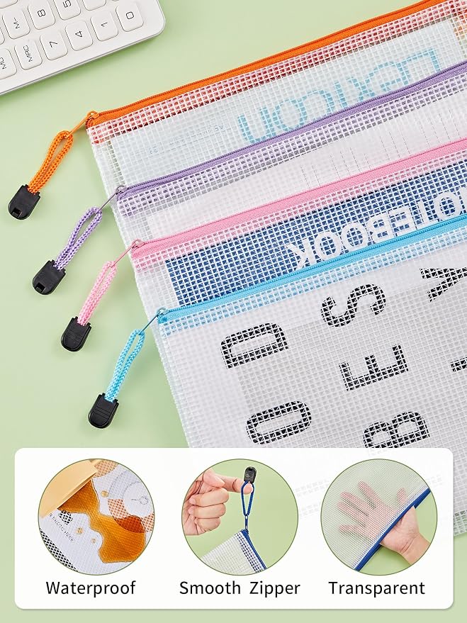 JARLINK 30 Pack 10 Colors Zipper Mesh Document Pouch, 6x9 Inch/A5, Plastic Water-Resistant File Bags, for School Office Supplies, Cosmetics Travel Storage, Assorted Color