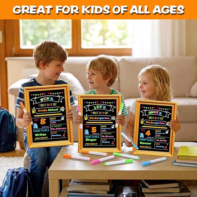 First Day of School Sign,11.69”x8.27” Back to School Supplies Board for Kindergarten, Preschool Supplies Decorations Reusable Photo Prop for Kids with Liquid Chalk Markers(A Frame)