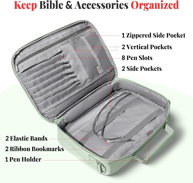 SUNEE Bible Cover for Women, Large Bible Bag w/Shoulder Strap Carrying Book Case w/Pen Slots and Zippered Pocket, Gift for Women & Men, Sage Green