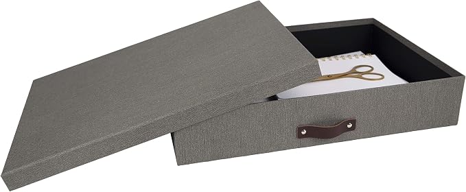 Bigso Sverker Canvas Fiberboard Legal and Art Storage Box | Scrapbook Storage Box for Loose Papers and More | Durable Document Boxes with Lid and Leather Handle | 17.1’’ x 12.2’’ x 3.3’’ | Grey