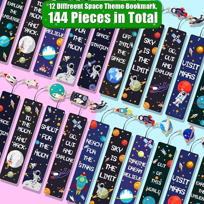 144 Pack Space Bookmarks Bulk for Kids, Outer Space Themed Party Favors, Astronaut Rocket Planet Galaxy Theme Birthday Party Favors, Bookmarks with Metal Charms for Boys Girls, Classroom Rewards Gifts