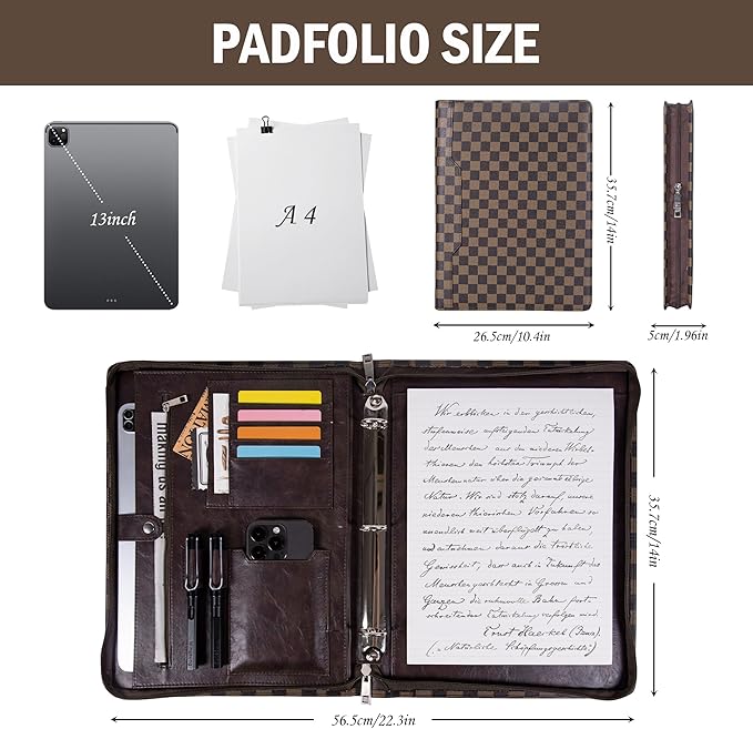 Calfinder Personalized Portfolio Binder for Women&Men, Free Name Engrave,Customized Leather Padfolio with Logo or Name,3 Ring Zippered Padfolio with Pad 13" Holder for Interview（Brown-Grid）