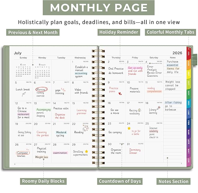 EMSHOI Academic Planner 2026-2027, Large A4 8.5x11, Weekly and Monthly Calendar (July 2026-June 2027), School Student Teacher Agenda Book, 100GSM Thick Paper, PVC Cover, Colorful Tabs, Light Green