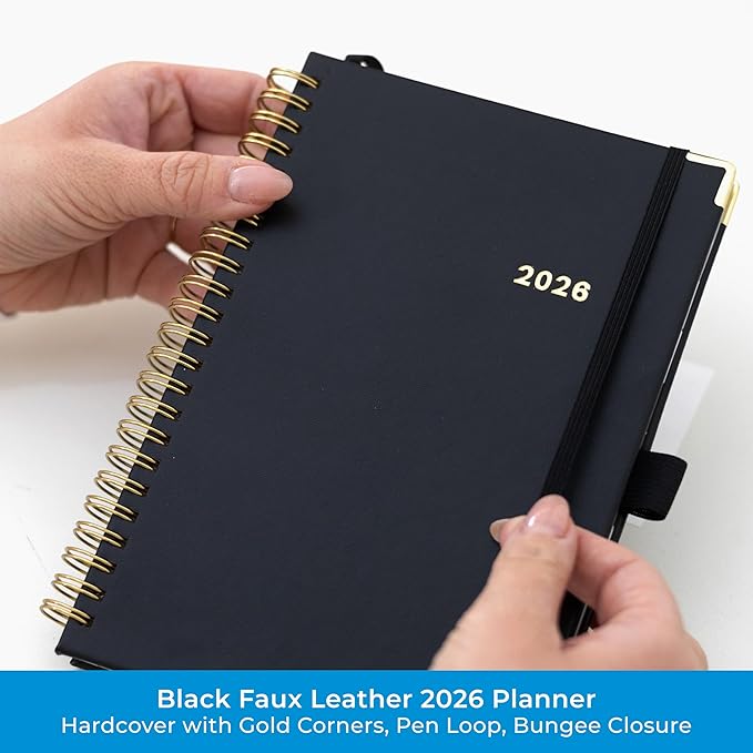 Blue Sky 2026 Weekly and Monthly Planner Calendar, January 2026 - December 2026, 5" x 8", Faux Leather Cover, Durable Twin Wire Binding, Storage Pocket, Laminated Tabs, Includes Pen Loop, Bungee, Ruler, Black
