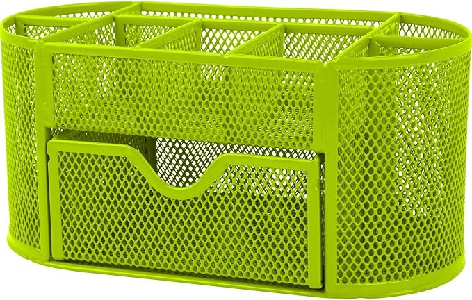 GPCT Office School Home/Teacher Supplies Mesh Desk Pen Organizer. Comes W/ 4 Pencil Cups For Highlighters/Pens/Sharpie, 4 Square Compartments For Paper Clips/Sticky Notes & 1 Supply Drawer- Green