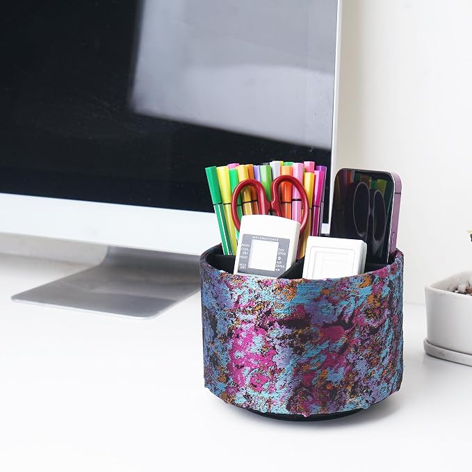 Round Leather Art Supply Organizer,Remote Control Holder,360-degree Rotating Pen Organizer with 4 Compartments(1-Painting Purple)