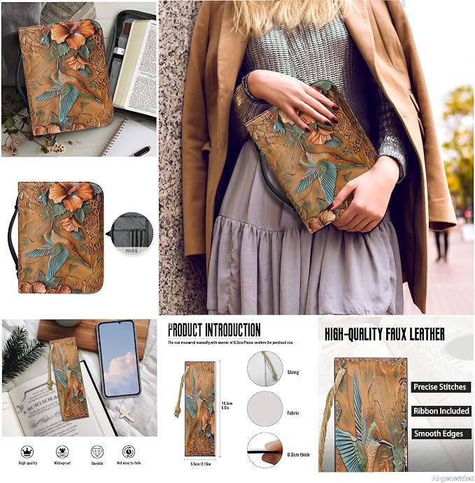 Lotusorchid Hummingbird Print Bible Cover Case with Bookmarks, PU Leather Bible Cover for Women Girls, Portable Bible Carrying Case with Handle and Pocket, Bible Accessories for Christian, Size L