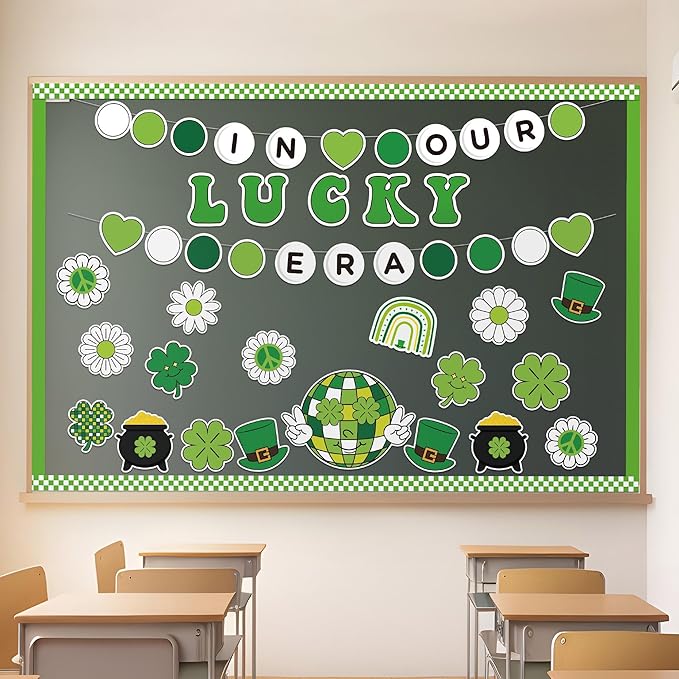 141Pcs St. Patrick’s Day Bulletin Board Classroom Decoration Retro Hippie Rainbow Flower Cutouts Shamrock Clover Name Tags Green Border Trim School Chalkboard Supplies Wall Door Decor