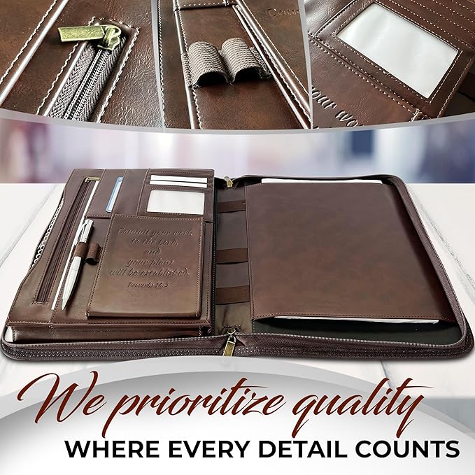 DEHITE Leather Portfolio for Men – Padfolio Case for Men and Women – Brown Bible Notebook Organizer – Pen Slots – Zipper Binder – Premium PU Leather – Feels Like Full-Grain – Office Gift Accessories