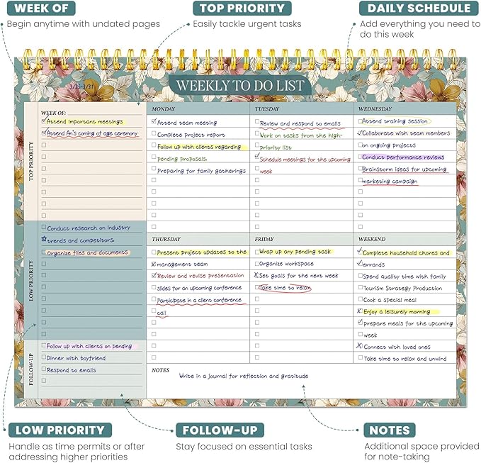 Weekly To Do List Notepad with 52 Undated Sheets（8.5"×11"）- Undated Weekly Planner Notepad for Office Desk Accessories and Supplies - Teal Petals